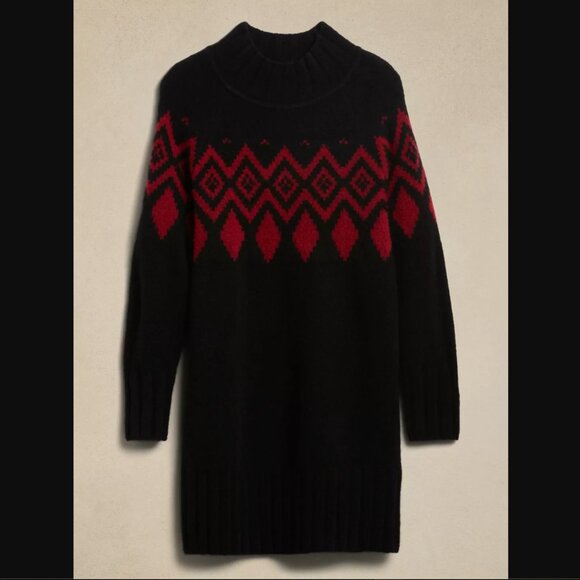 Banana Republic Wool Yak Black Red Turtleneck Fair Isle Knit Sweater Dress Small - Picture 3 of 6